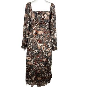 Cottagecore Dark Floral Midi Dress Sz XS Brown Prairie Milkmaid Puff Sleeves
